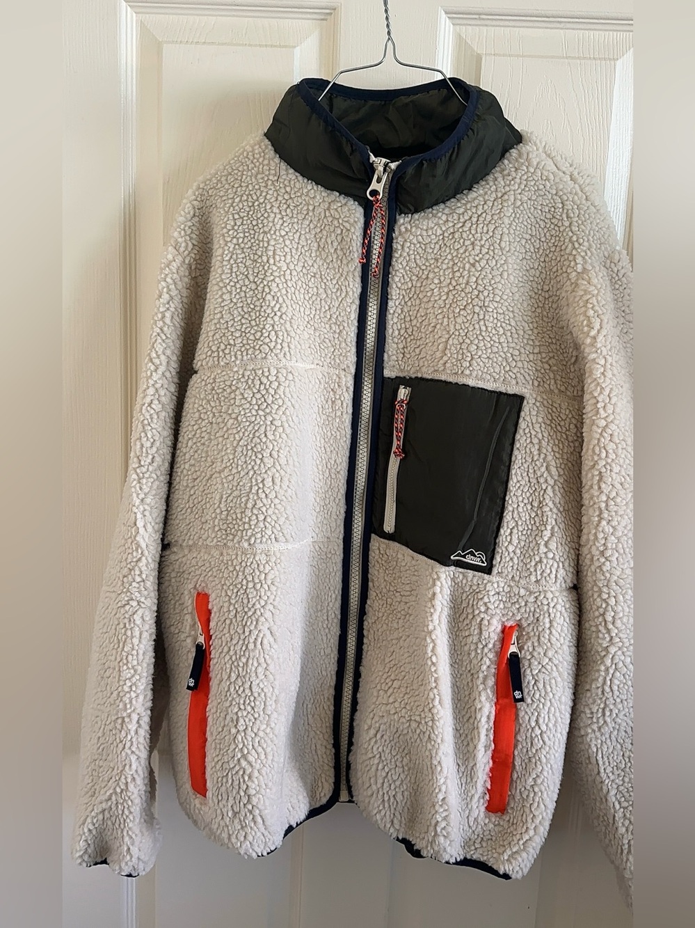 Zara Cream Sherpa Jacket with Black Chest Pocket and Orange Trim